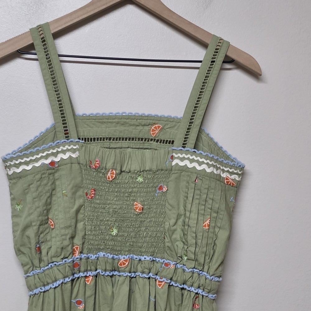 Roller Rabbit S Green Embroidered Fruit Maxi Dress Ric Rac Boho Cottagecore - Picture 6 of 10